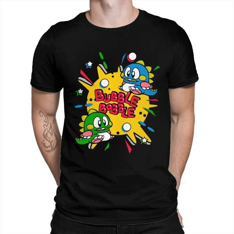 

70s 80s Arcade Game Bubble Bobble T-Shirt Men 100% Cotton Short Summer Sleeve Casual Plus Size Shirt Adults Fashion Streetwear
