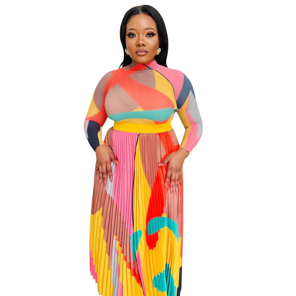 

Women Pleated Dresses Fashion Casual O Neck Long Sleeve Long Dresses Female High Waist Fitting Dress Tie Dye Printed