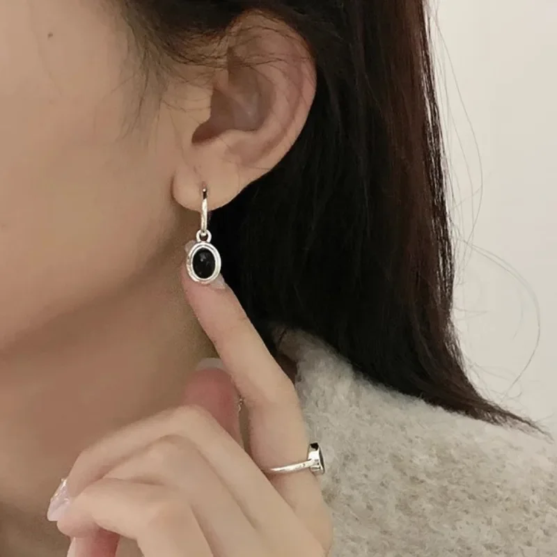 Real 925 prata esterlina preto elíptico zircão hoop brincos para mulheres luz luxo jóias finas minimalista na moda acessórios