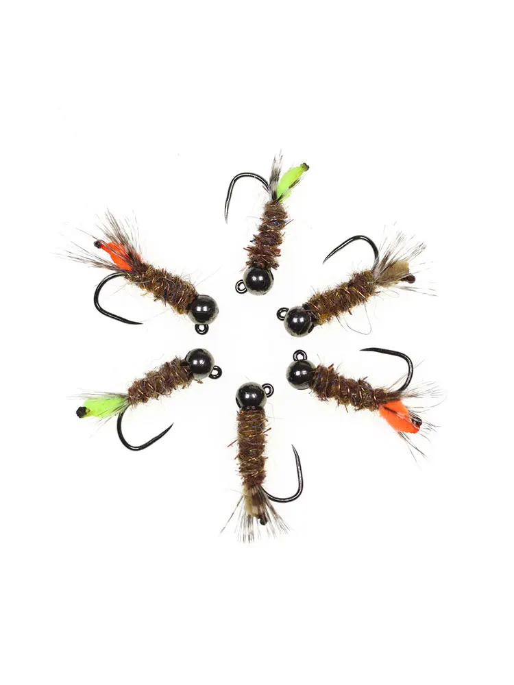 6 pièces # 12 tête de perle de tungstène sans ardillon Peeping Caddisfly Jig nymphe évier rapide lièvre Dubing humide nymphe européenne truite leurres de pêche
