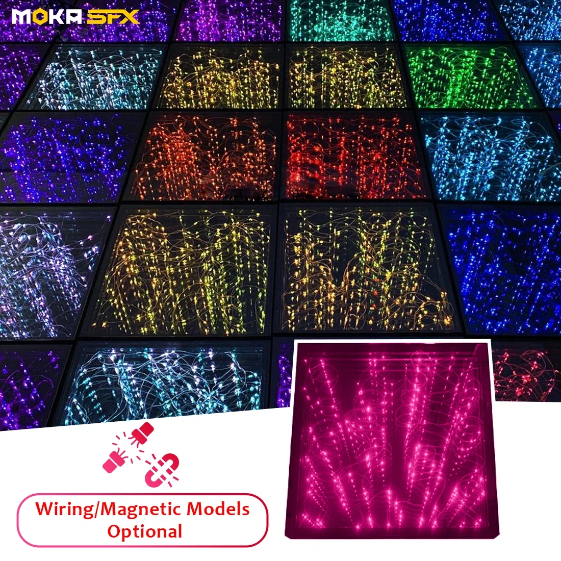 MOKA 8x8FT LED Dance Floor Tiles 25Pcs Tempered Glass Mirror RGB Starry Stage Light for Club Disco Wedding Banquet