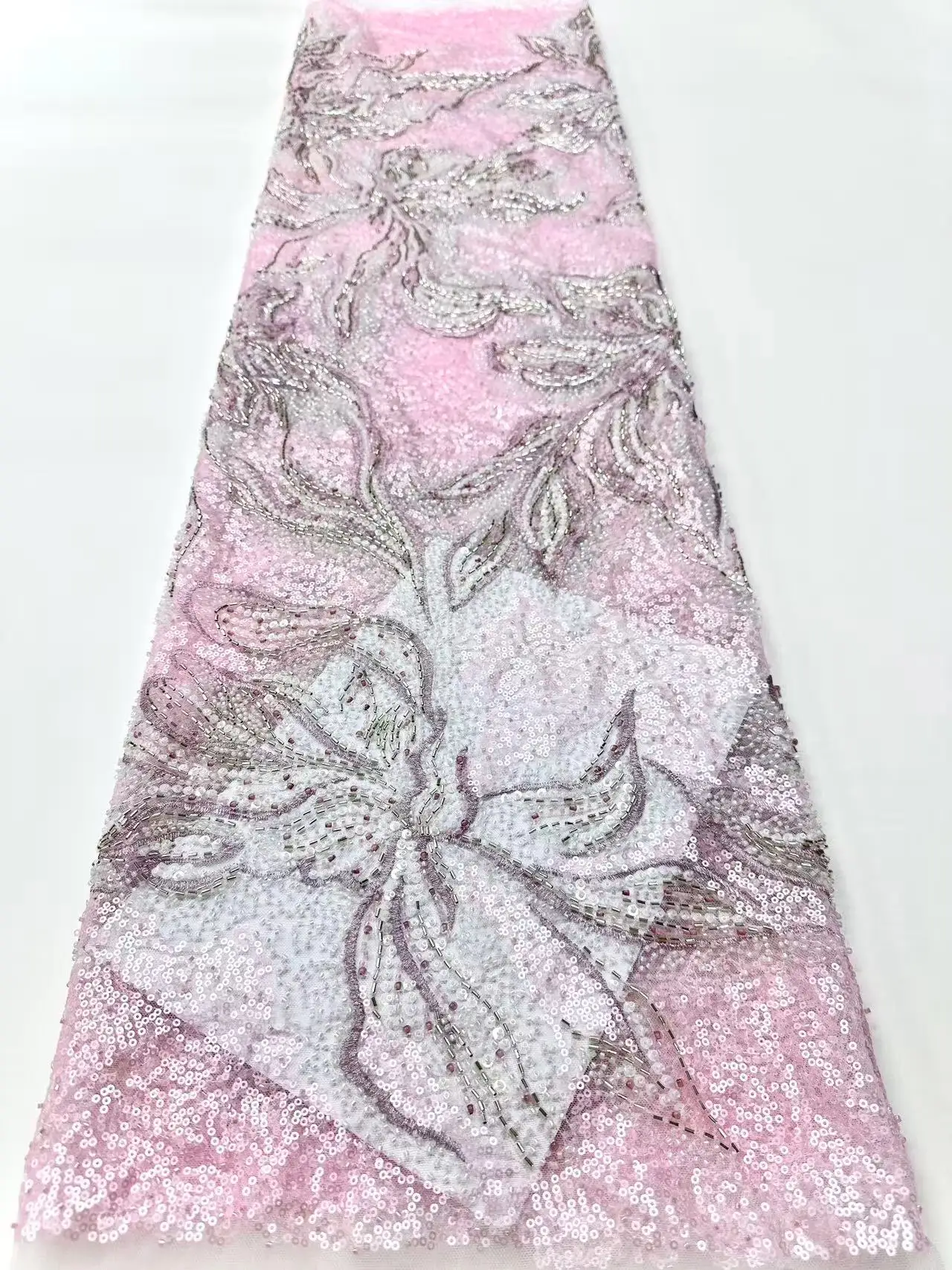 French Lace Fabrics 2026 High Quality African Beaded Embroidered Nigerian Sequins Tulle Lace 5 Yards For Sewing Party Dresses