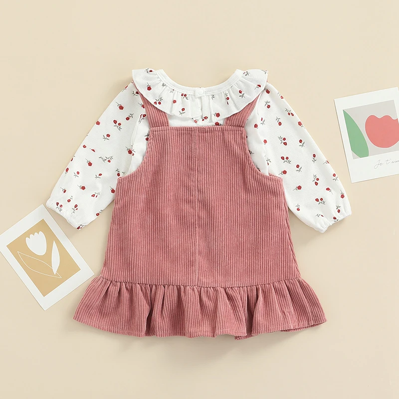 Infant Baby Clothing Girl Outfit Toddler Girls Clothes Floral Printed Romper Tops+Corduroy Suspender Dress Newborn Set