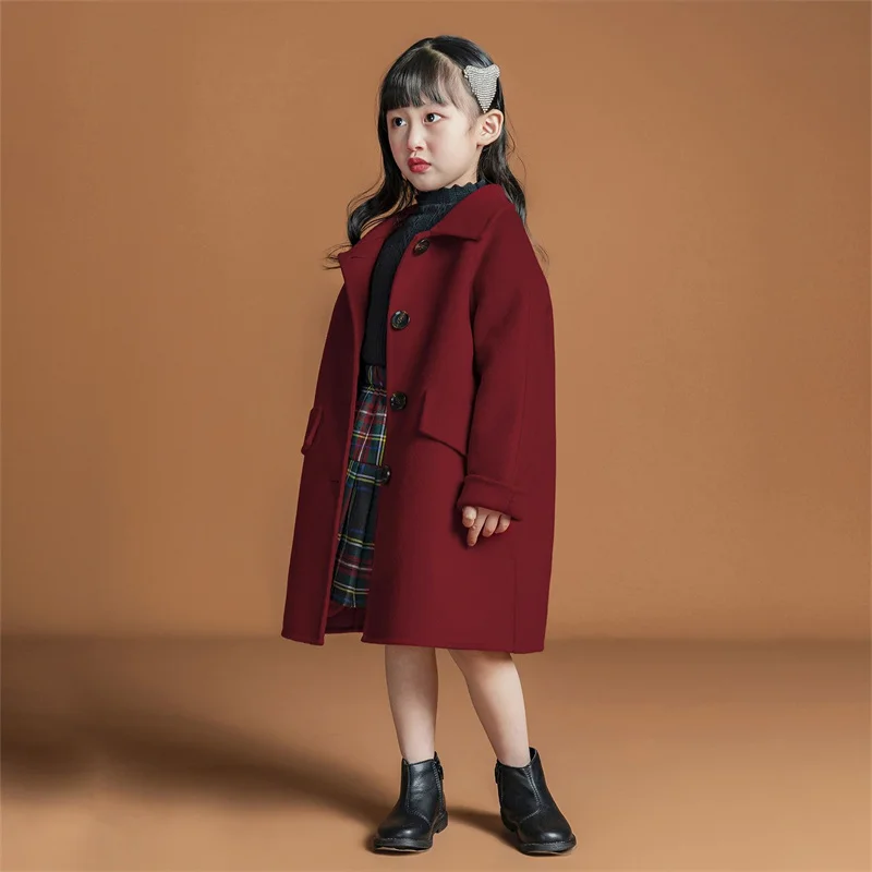 Girls Woolen Coat Jacket Cotton Outwear Windbreak 2023 Red Wine Warm Plus Thicken Velvet Winter Autumn Party Children\'s Clothing