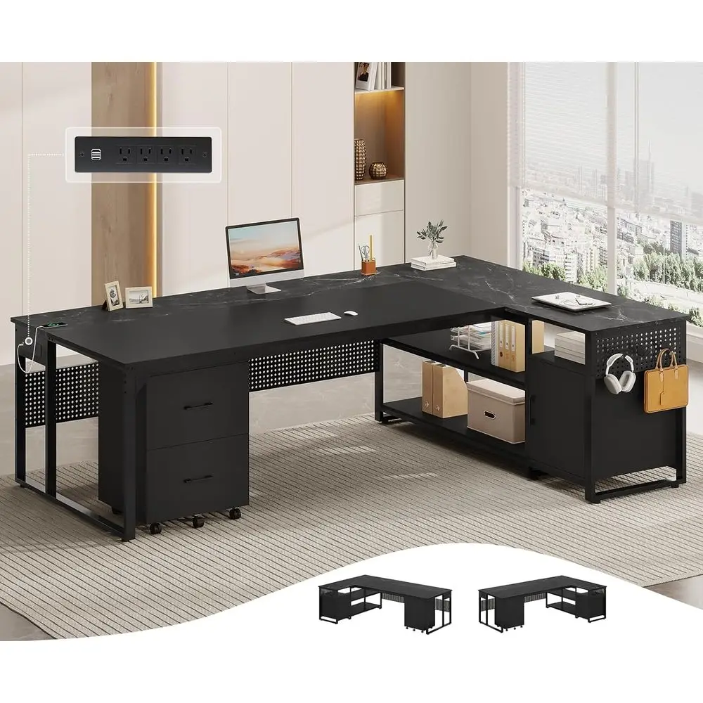 

71 Reversible L-Shaped Executive Desk with Mobile File Cabinet, Power Outlets, Storage Shelves, and Hooks - Ideal for Large Offi