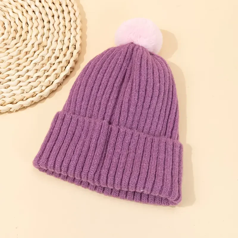 Girls Casual Knitted Letter Embroidered Hat With Plush Ball, Thermal Windproof Hat For Winter