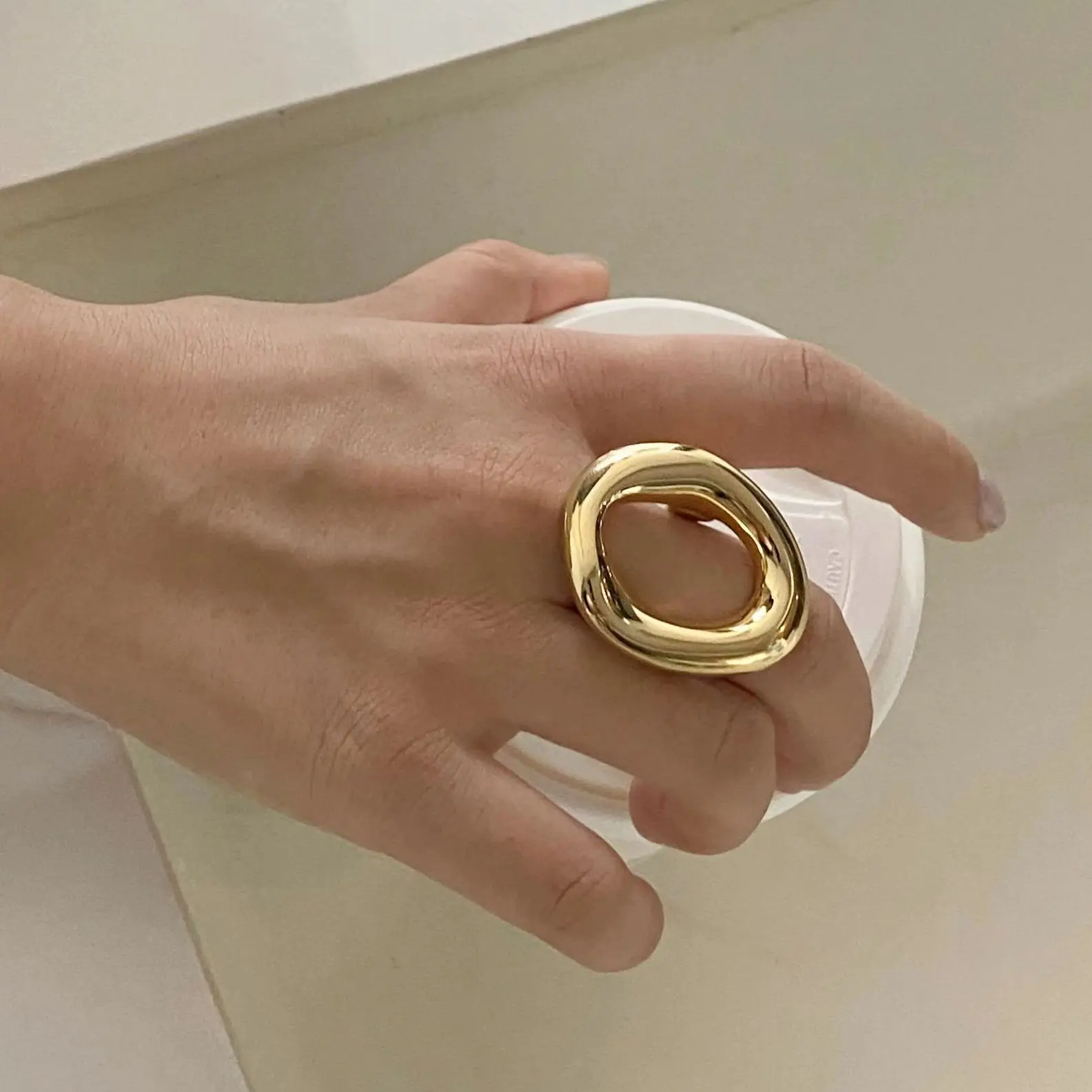 

Geometric Aesthetic Chunky Hollow Rings For Women Stainless Steel Gold Color Minimalist Waterproof Large Ring Hyperbole Jewelry