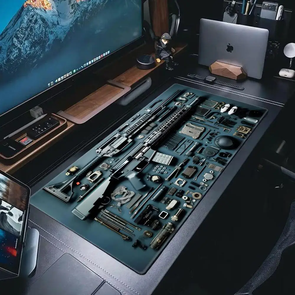 XXL 3D Gun Desk Mat Extended Gaming Mouse Pad Stitched Edge Anti-Slip Rubber Base Washable Large Keyboard Mat for Office Carpet