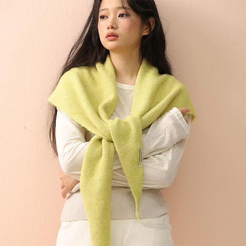 Big Size Wool Korean Style Knitted Triangular Scarf Women Winter Warm Headscarf Shawl Sold Color Neckerchief Kerchief Hijab image 5