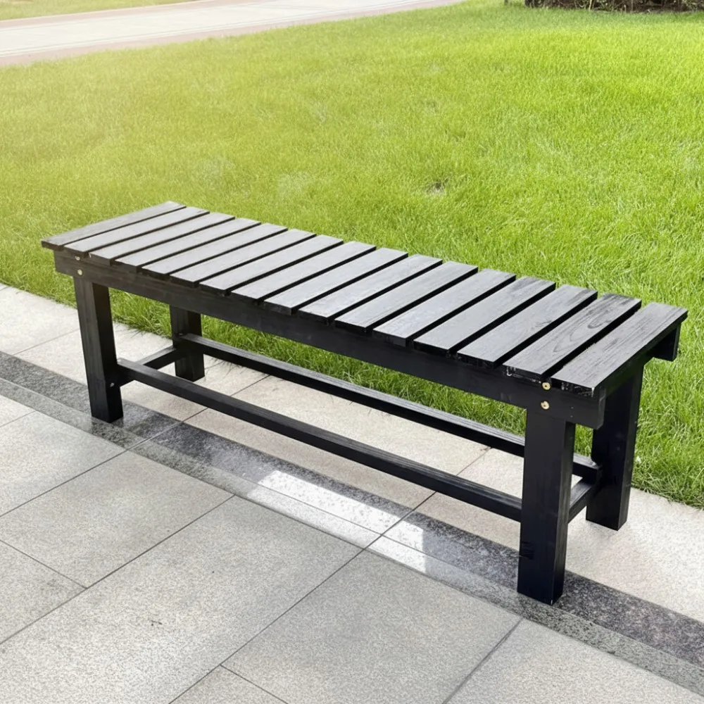 

35,4-дюймовая устойчивая к атмосферным воздействиям уличная садовая скамейка для двух человек с открытой спиной, деревянное сиденье, высокотемпературная карбонизированная ель