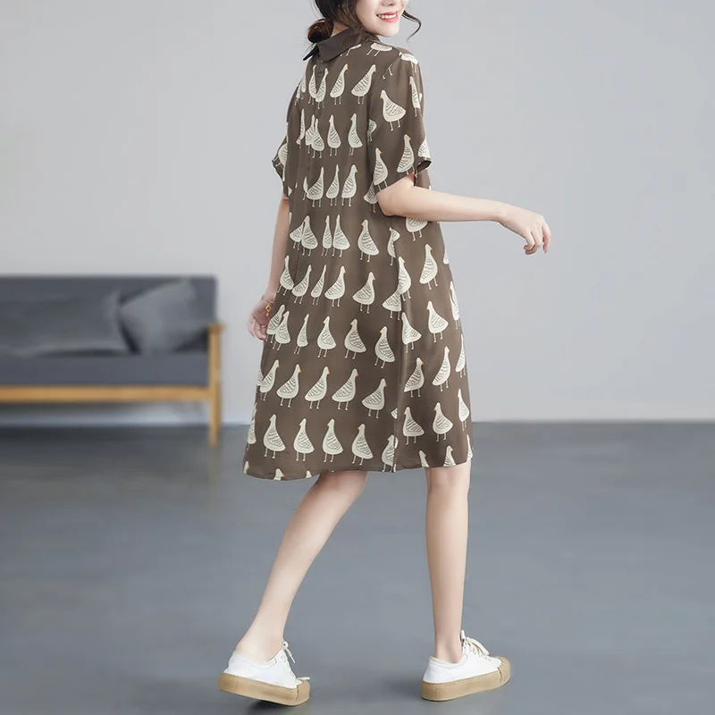 #0106 Summer 2024 Printed Shirt Dress Women Polo Collar Loose Vintage Chiffon Dress Short Sleeve Knee-length Retro A-Line Dress image 5