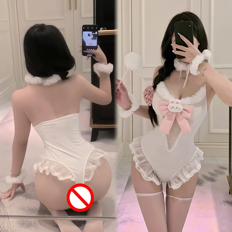 

Sweet Bunny Girl Sexy Open Crotch Jumpsuit Costume Cute Bow Lace Edges Ladies' White Anime Rabbit Sets Nightgown Passion Uniform