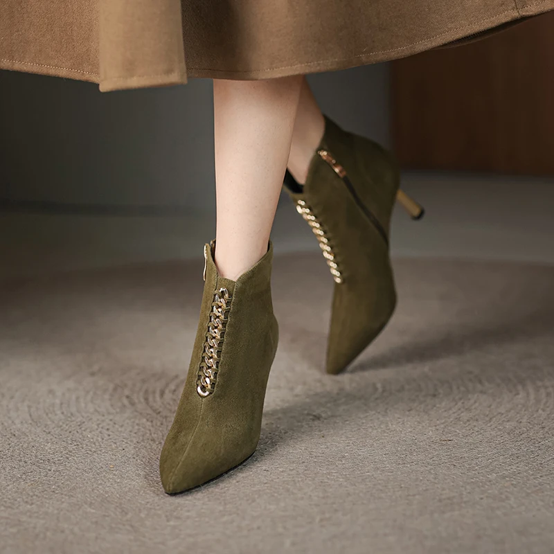 2024 New Autumn Winter Women Boot Kid Suede Short Boots Fashion Women Shoes Pointed Toe Stiletto High Heels Modern Boots Green