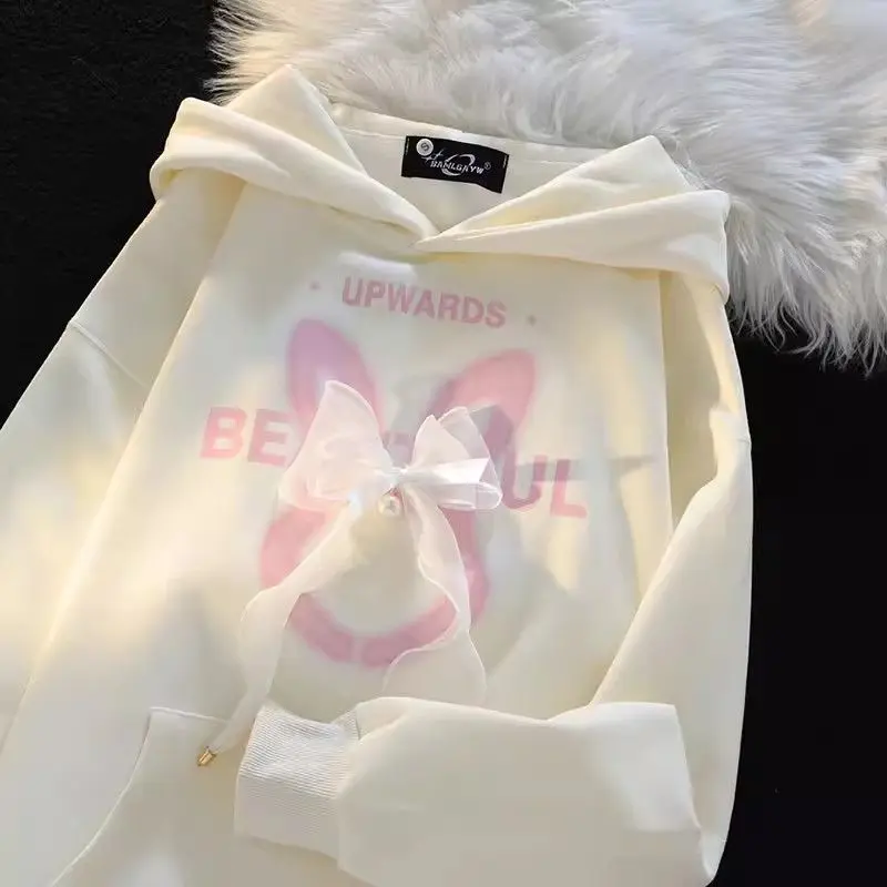 

Japan Sweet Printed Butterfly Hat Sweatshirt For Women In Autumn And Winter New Style Plus Velvet Thickened Loose Tops