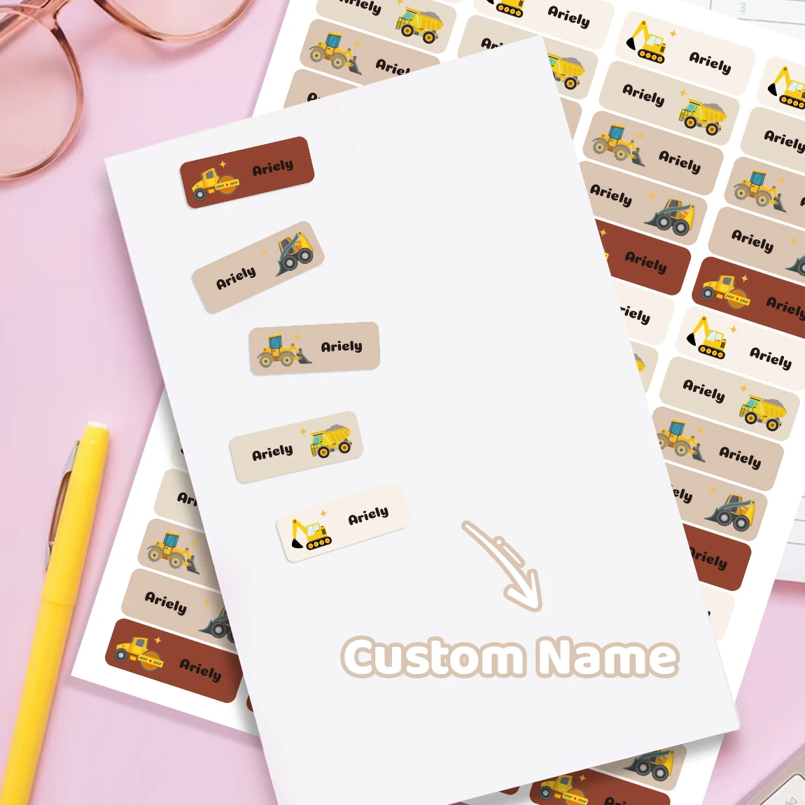 120 peças adesivos personalizados com nome infantil, etiquetas à prova d'água com tema de caminhão de construção para material escolar, livros, copos, lancheiras