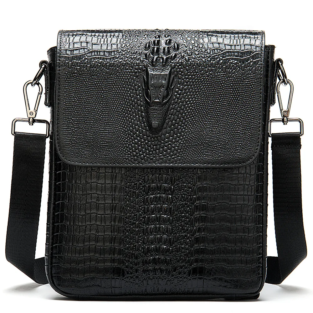 Vintage Crocodile Print Genuine Leather Crossbody Bag for Men