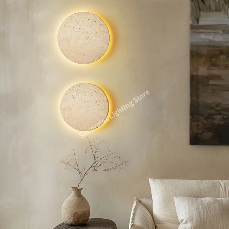 

Natural Stone Bedroom Bedside LED Wall Sconce Wabi-Sabi Yellow Travertine Wall Light for Hallway Aisle Stair Home Deocr Lamp