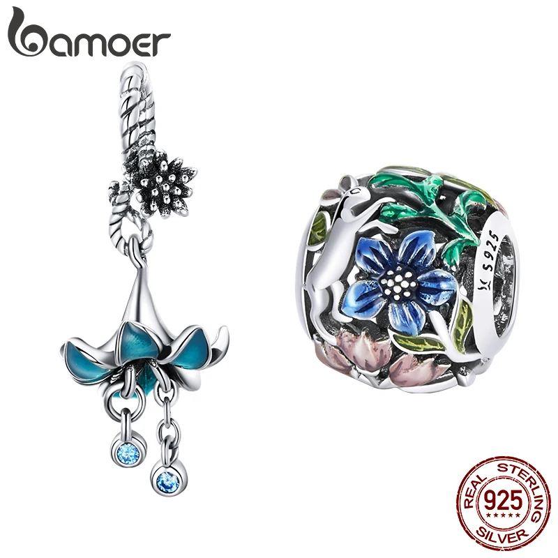 Bamoer Genuine 925 Sterling Silver Spring Jungle Secret Plant Flower & Bird Charms Beads for DIY Bracelet & Bangle Jewelry Gifts