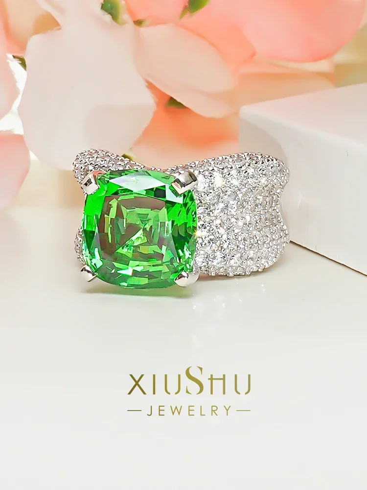 Savory Green Luxury 925 Silver Pillow Shape High Sense Ring Inlaid with  Carbon Diamonds Elegant and Versatile Design