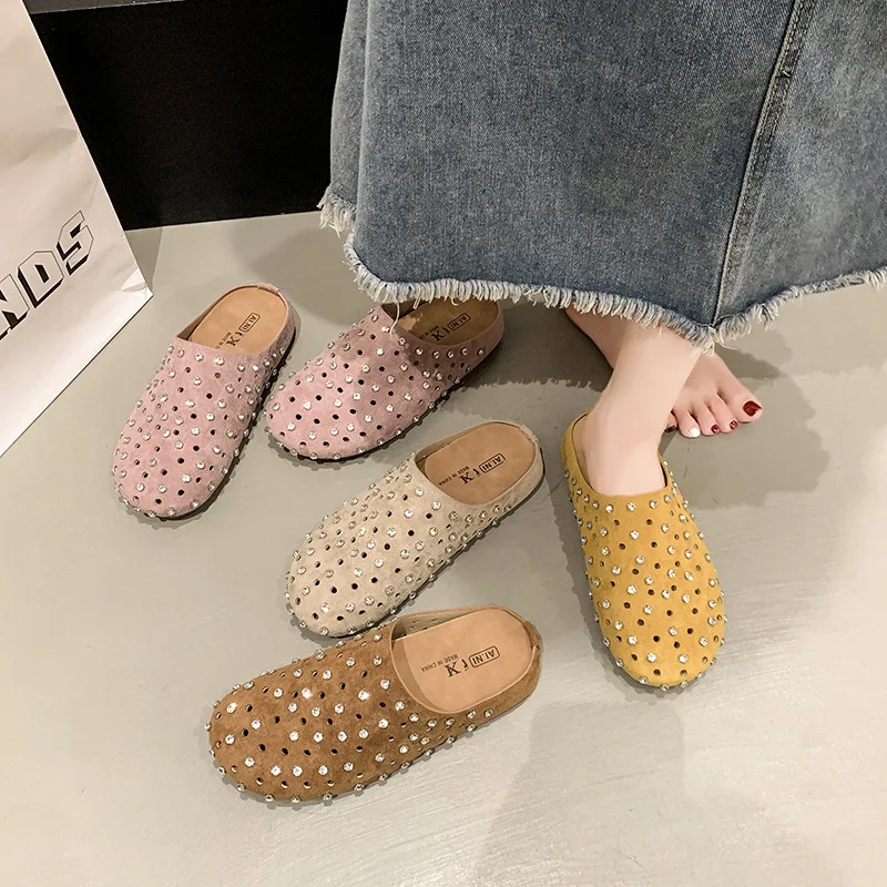 

Rivet Toe Half Slippers for Women, 2025 Summer Wear, Round Headed Sandals for Women Flat Bottomed Soft Soled Lazy M Ü Ller Shoes