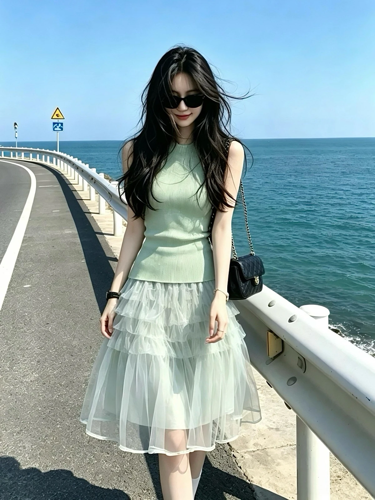 

Soft Knitted Mesh Set with Vest And Strap Top Summer Casual High Waist Flared Skirt Two-Piece Women's Fashion Ensemble