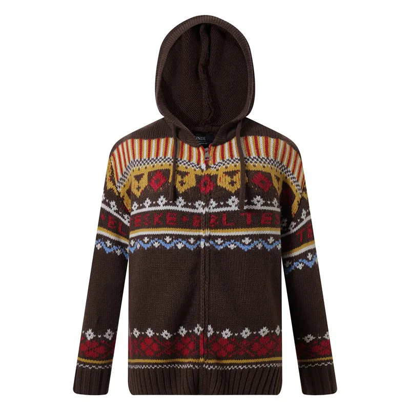 

Harajuku ретро этнический красочный узор вязаный кардиган с капюшоном на молнии мешковатый повседневный шерстяной кардиган на молнии свитер верхняя одежда для мужчин