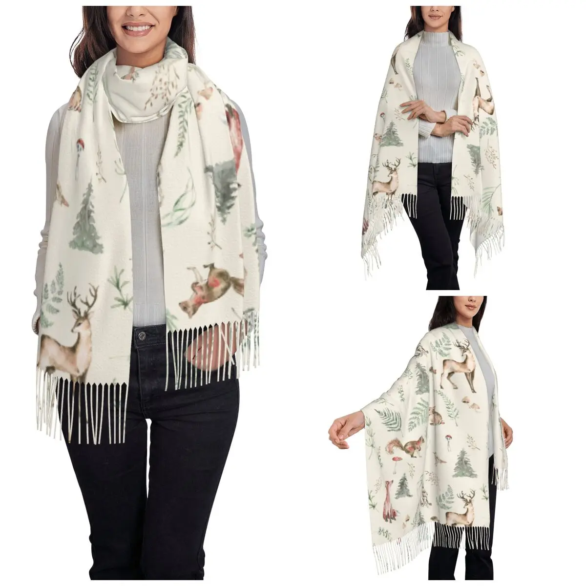 Womens Tassel Scarf Watercolor Forest Animals Long Winter Fall Shawl Wrap Cute Woodland Deer Fox Gifts Cashmere Scarf