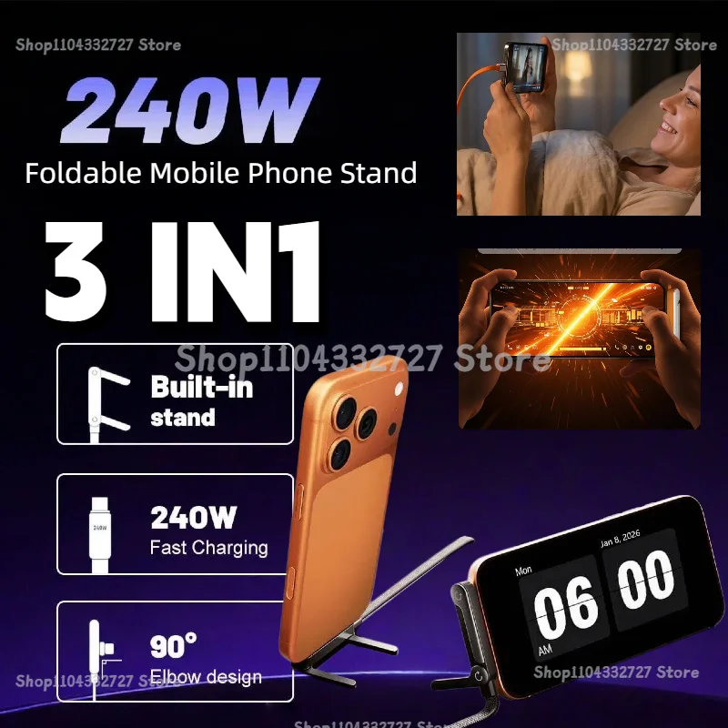 

Holder Charger Cable 240w Built in Phone Stand Charging Cable USB C for Foldable Bracket Type USB Type C Flat Charger