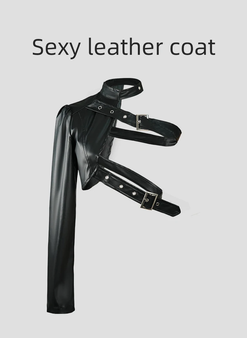 سترة سوداء من جلد البولي يوريثان بكتف واحد على طراز فاسق غير منتظمة لرقص الروك معطف لسائقي الدراجات النارية عصري للنساء