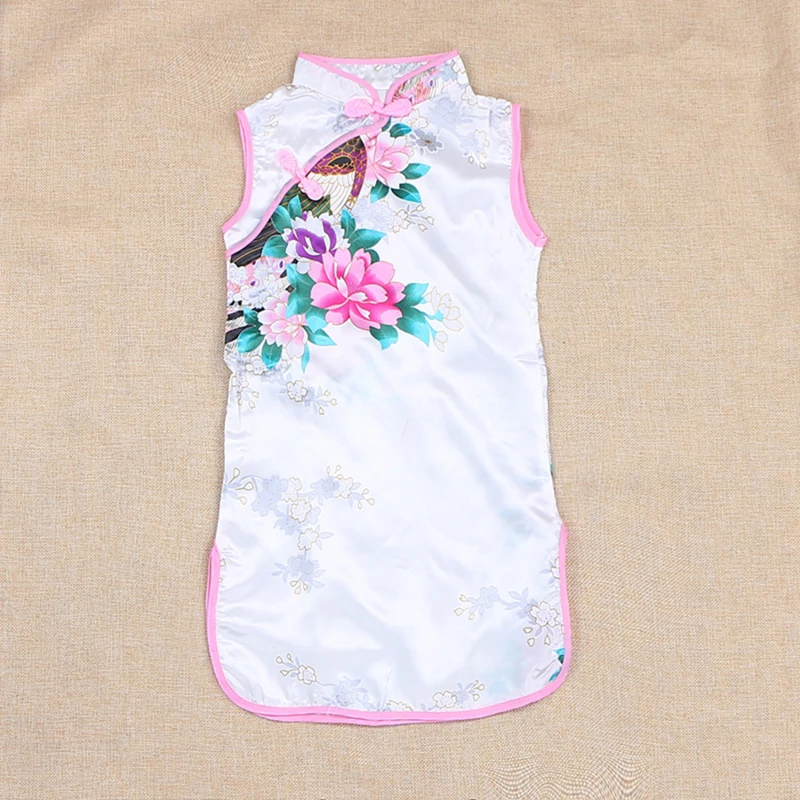 Cheongsam Dress Baby Girl Qipao Summer Clothes Peacock Sleeveless Slim Traditional Dress Child Girls Clothes Chinese Style