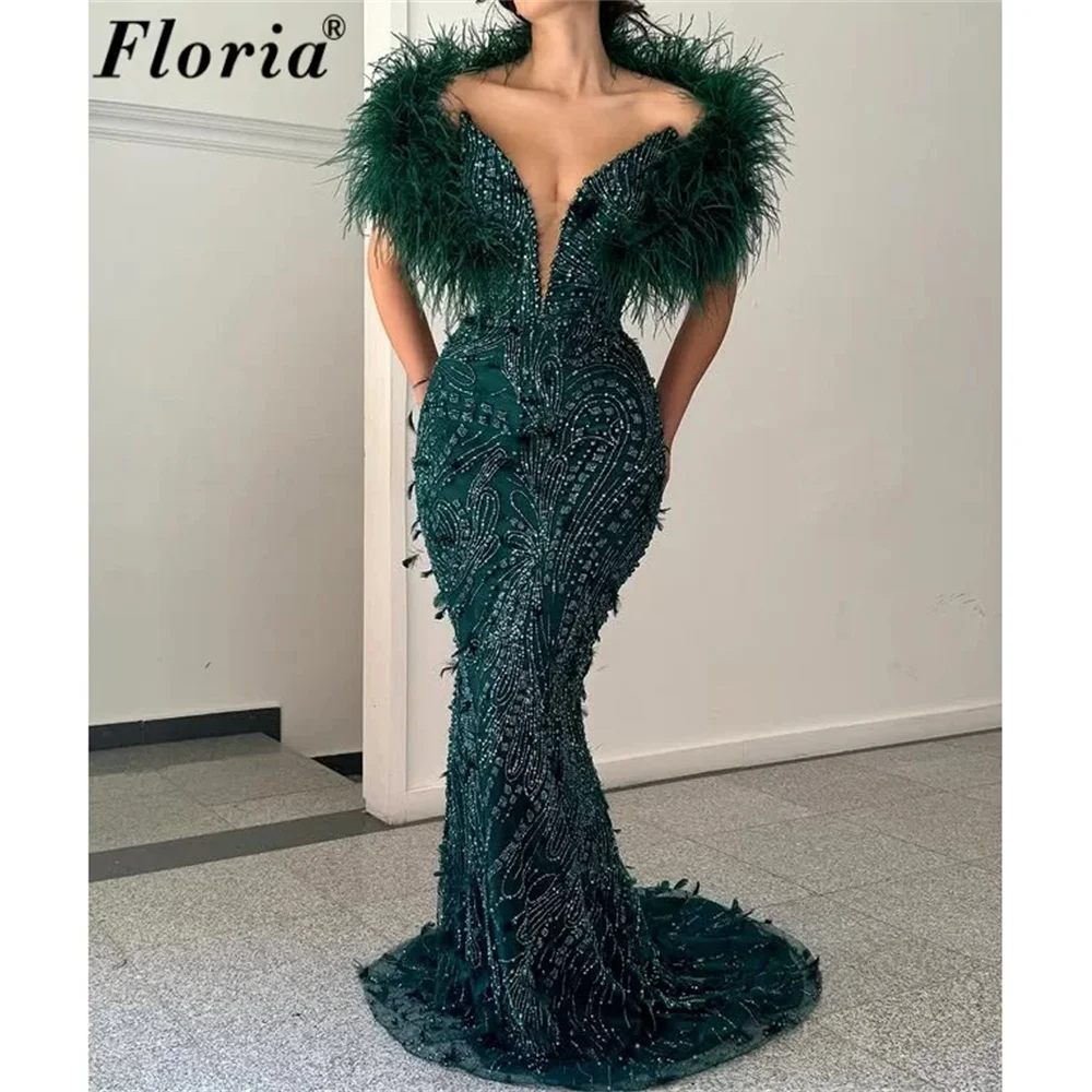 Customized Green Feathers Off Shoulder Evening Dresses Luxury V Neck Special Prom Dress Vestidos De Cóctel Beaded Party Night