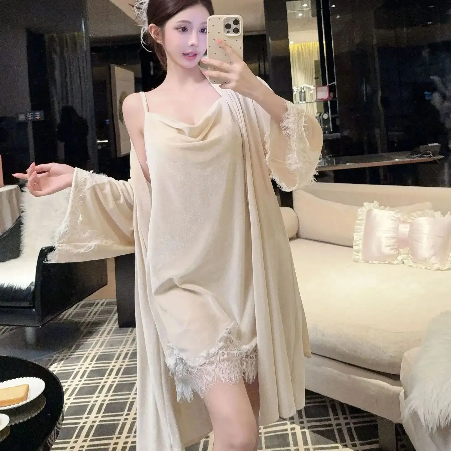 

Velvet Female Twinset Robe Set Nightwear Sexy Lace Trim Bathrobe Nightdress Homewear Autumn Winter Velour Sleepwear
