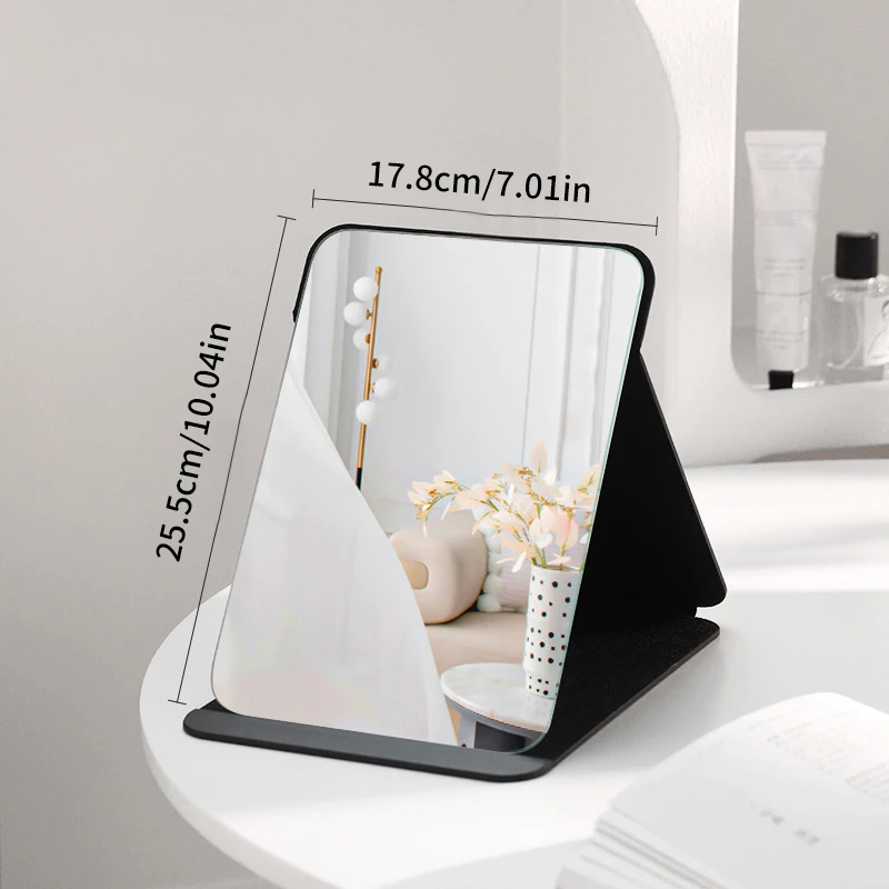 Desktop Makeup Mirror Solid Color PU Leather Simple Portable Handheld Black Mirror Foldable Student Compact Cute Pocket Mirror