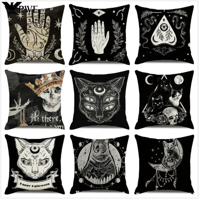 Halloween Decorations Cushion Cover 45x45 cm Vintage Style Skeleton Black Cat Print Pillowcase Holiday Decor Throw Pillow Cover