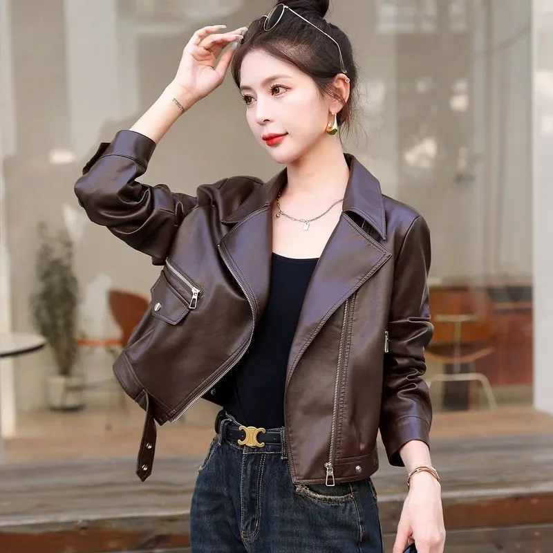 

Spring Autumn New Leather Jacket Women Outwear Short Motor Vehicle Clothing Casual Loose PU Leather Suit Collar Leather Jackets