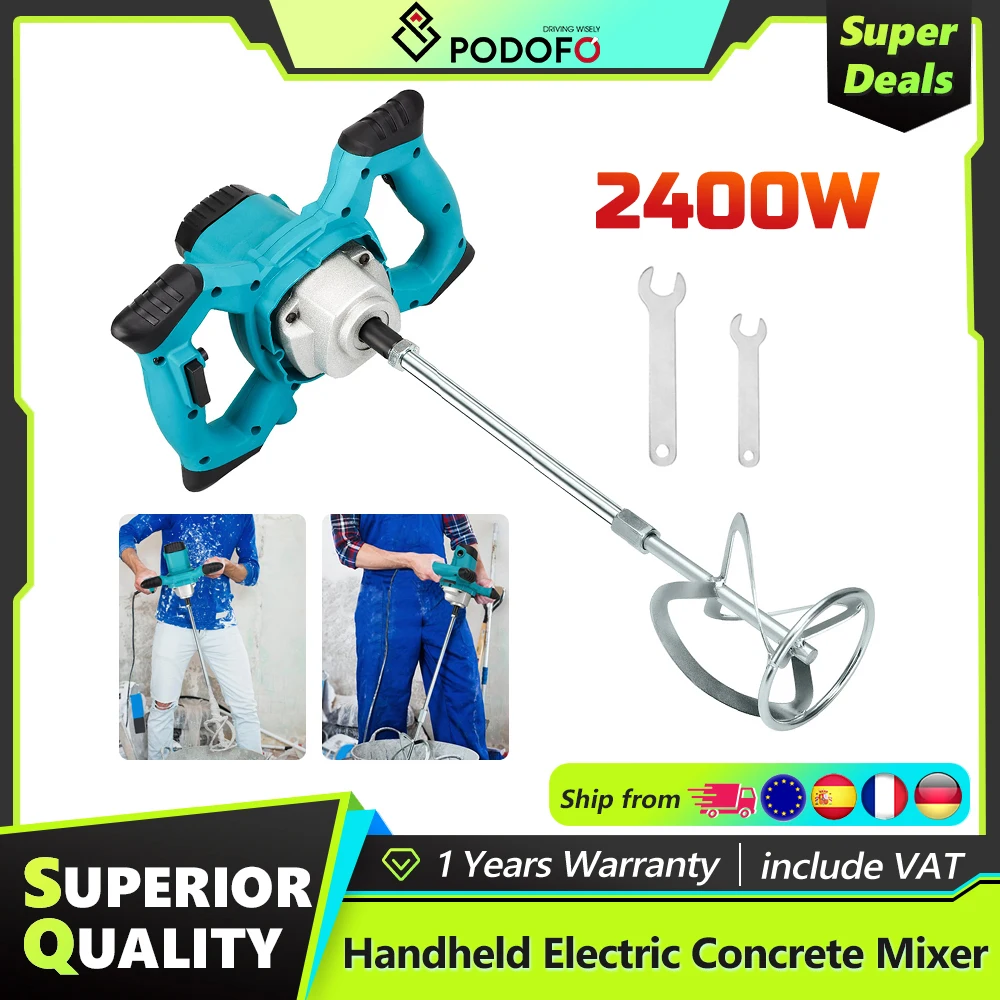 Mélangeur à ciment Podofo 2400W, mélangeur à pales portatif, agitateur électrique 6 vitesses, outil de mélange pour peinture, mortier, fourrage, mélange de mortier pour plaques de plâtre, plâtre