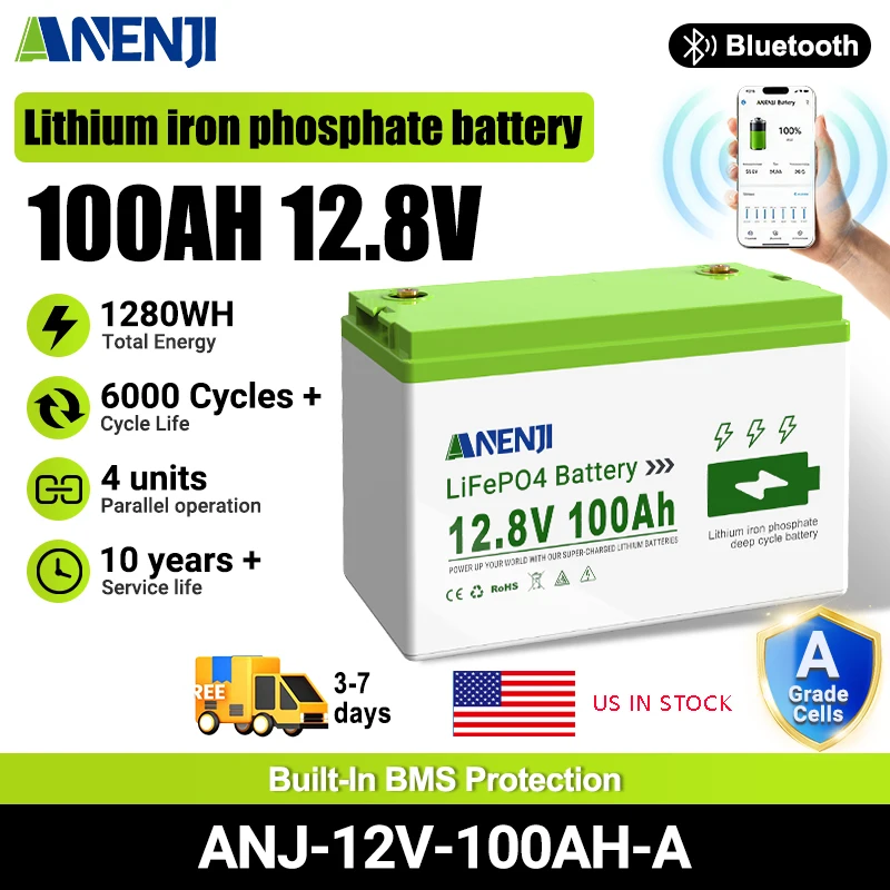 

ANENJI LiFePo4 Battery 12V 100AH 1.256KWH Grade A Cells Lithium Iron Phosphate Battery BMS 6000+ Cycle for Golf Cart for Home