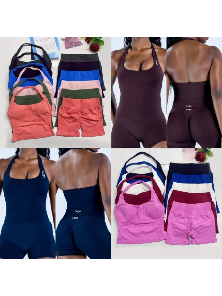 Yoga outfits Dames 2-delig DF Sports Impact Set halternek rugloze haltertop naadloze scrunch shorts gym workout sportpakken - afbeelding 2