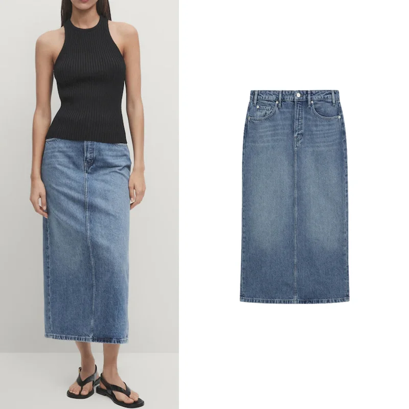

Spring New Retro Casual Classic Versatile Light Blue Denim Wrap around Straight Leg Midi Skirt High Waist mid Length H pe