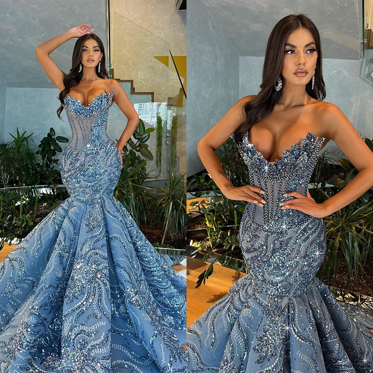 

Luxury Mermaid Evening Dresses For Women Sequins Strapless Gowns Slim Fit Sleeveless Skirt Party Prom Custom Made