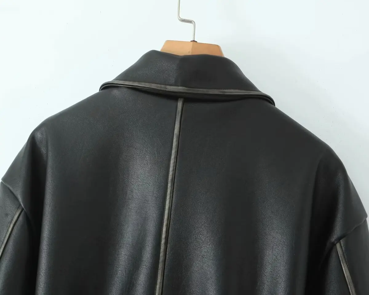 Maxdutti Jaket Kulit Vintage Minimalis Prancis untuk Wanita Musim Gugur Musim Dingin Jaket Kulit Model Boyfriend Wanita