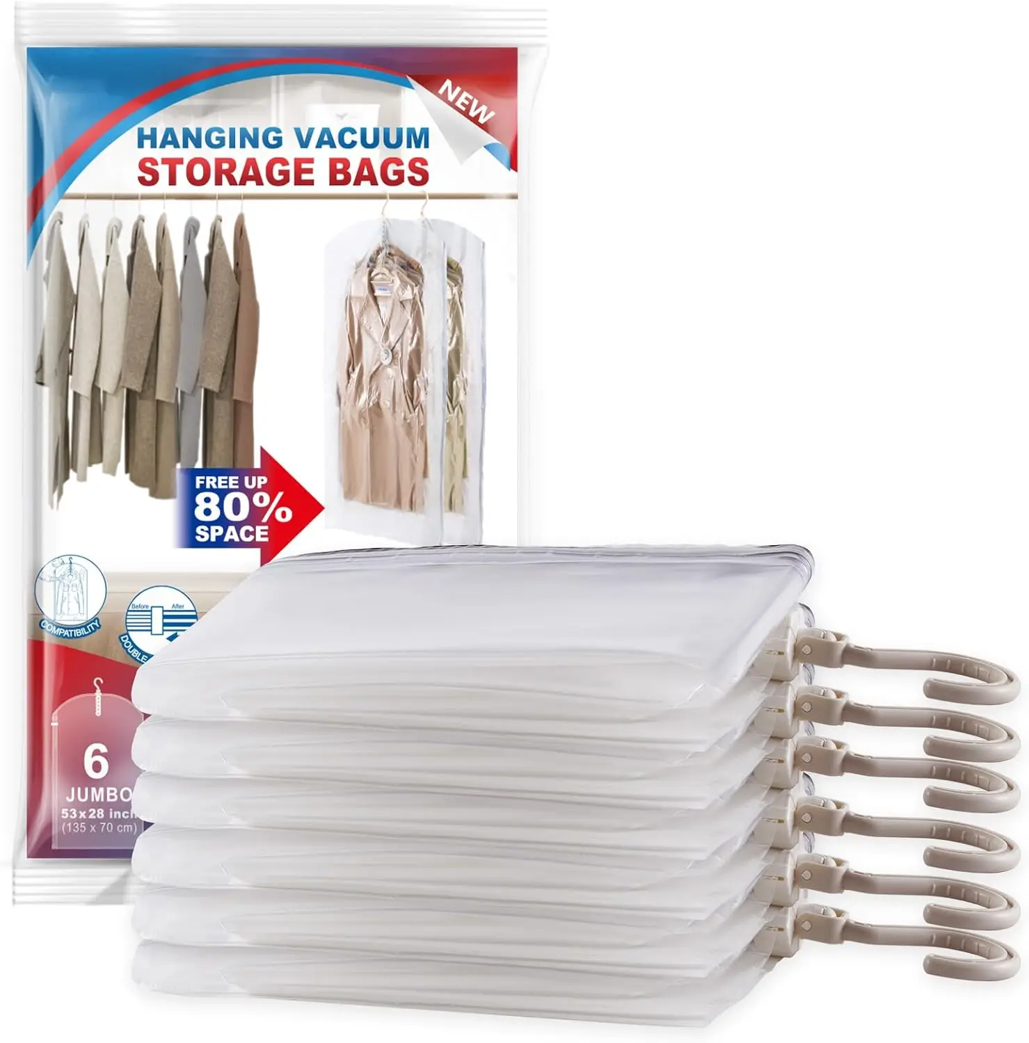 

Вакуумные пакеты для хранения, 6 штук, большие подвесные пакеты для одежды с вакуумной герметизацией, экономия места для одежды, костюмов, платьев, пиджаков