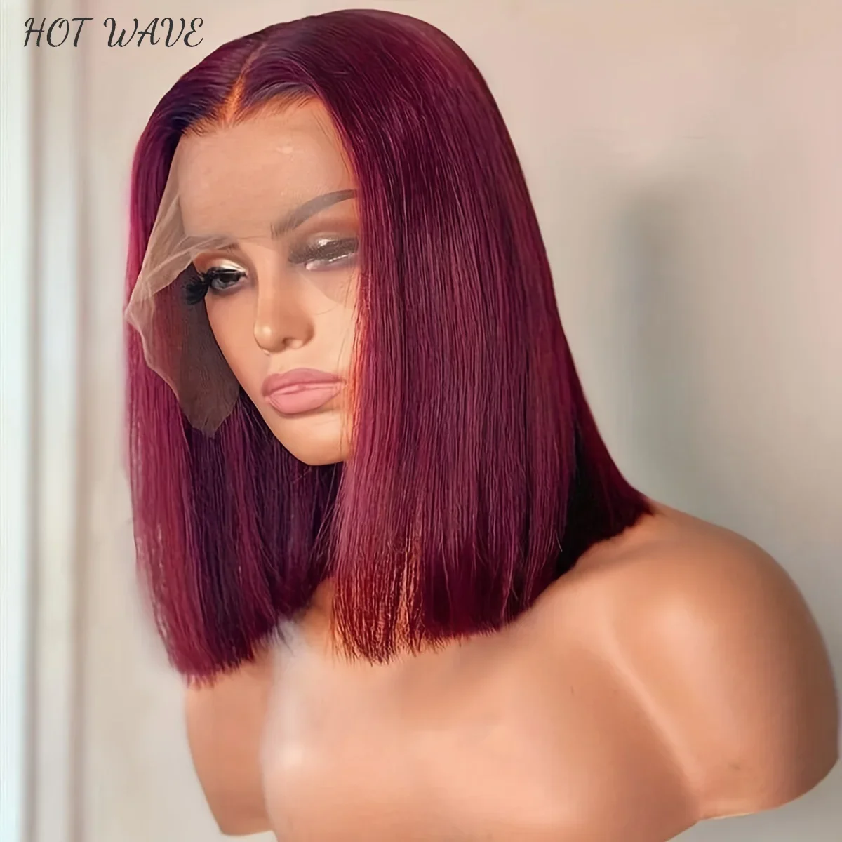 

99J Burgundy Short Bob Straight Wigs T-part Lace Front Wigs For Women Brazilian Remy Human Hair Wigs Red Colored 180% Density