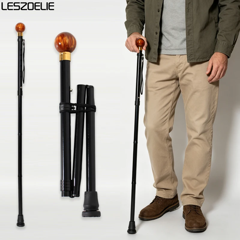 Adjustable Portable Foldable Walking Cane Lightweight Golden Shimmer Swirl Resin Handle Walking Stick for Men And Women