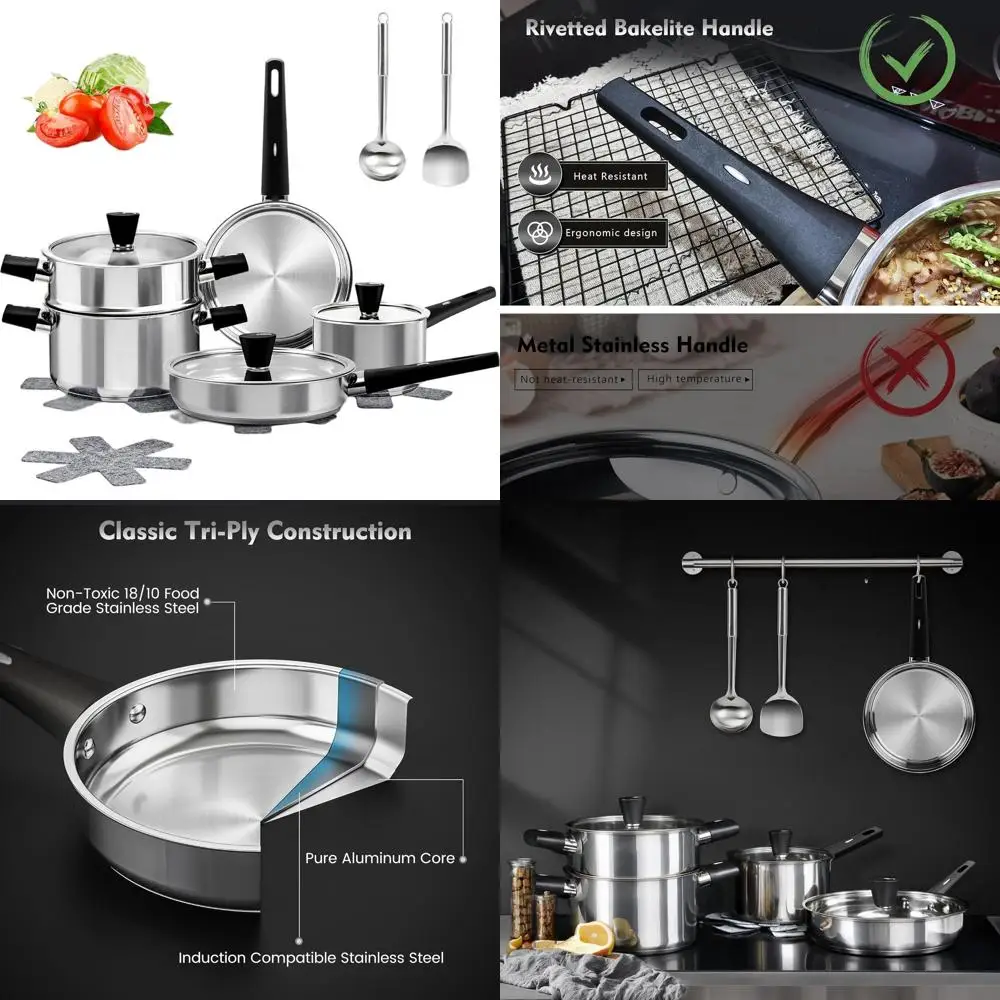 

Stainless Steel 14-Piece Cookware Set with Cool Handles, Compatible with All Stovetops, Dishwasher Safe
