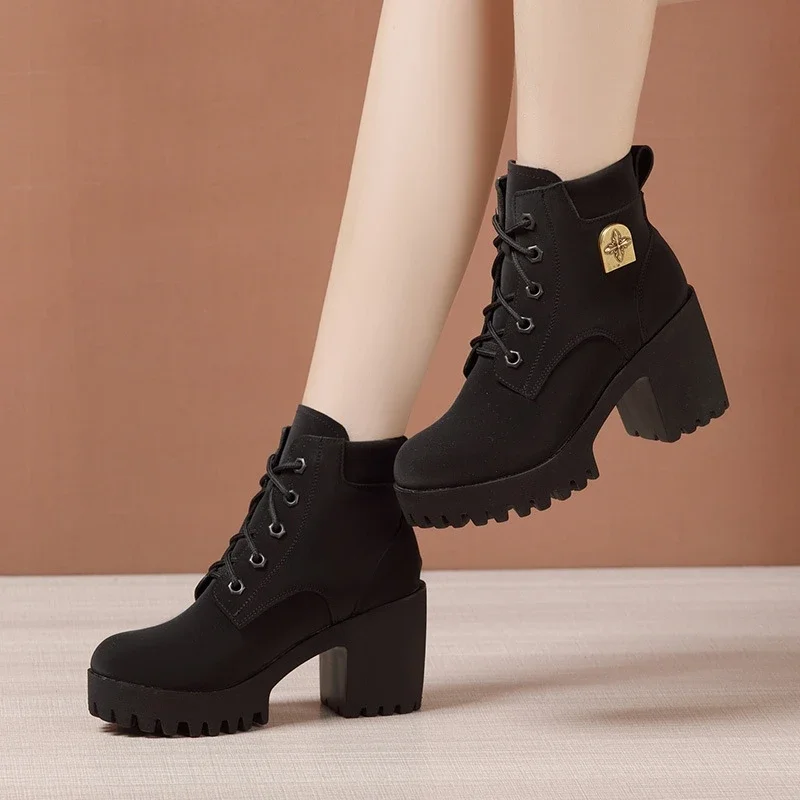 Botas de camurça para mamãe, fundo grosso, sapatos de plataforma, salto alto bloco, tamanho pequeno 32-43, 8cm, 10cm, inverno, escritório, mamãe, 2022