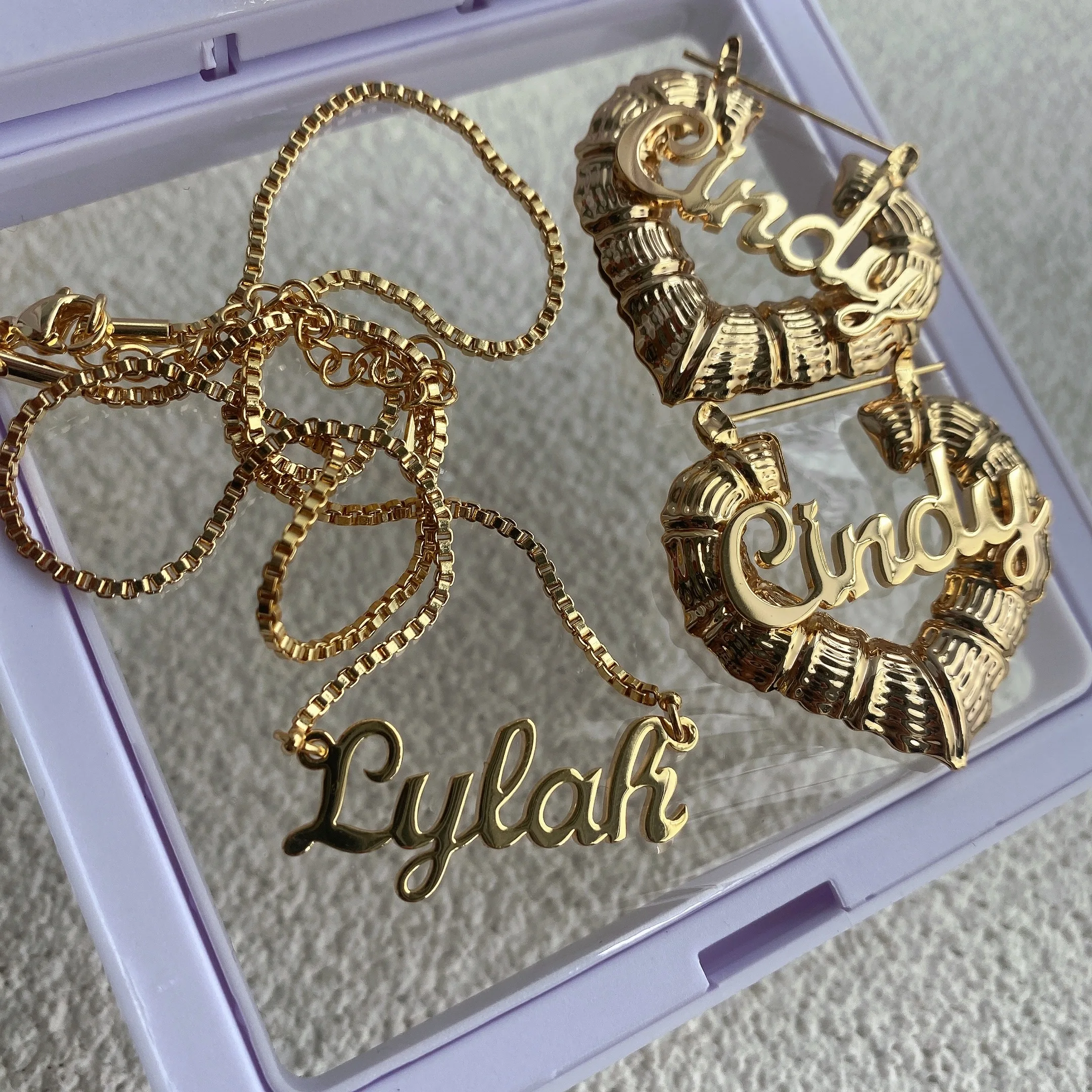 Qitian Custom Name Jewelry Set,Girls Heart Bamboo Earrings, Name Necklace Box Chain,Personalized Name Jewelry Set Christmas Gift