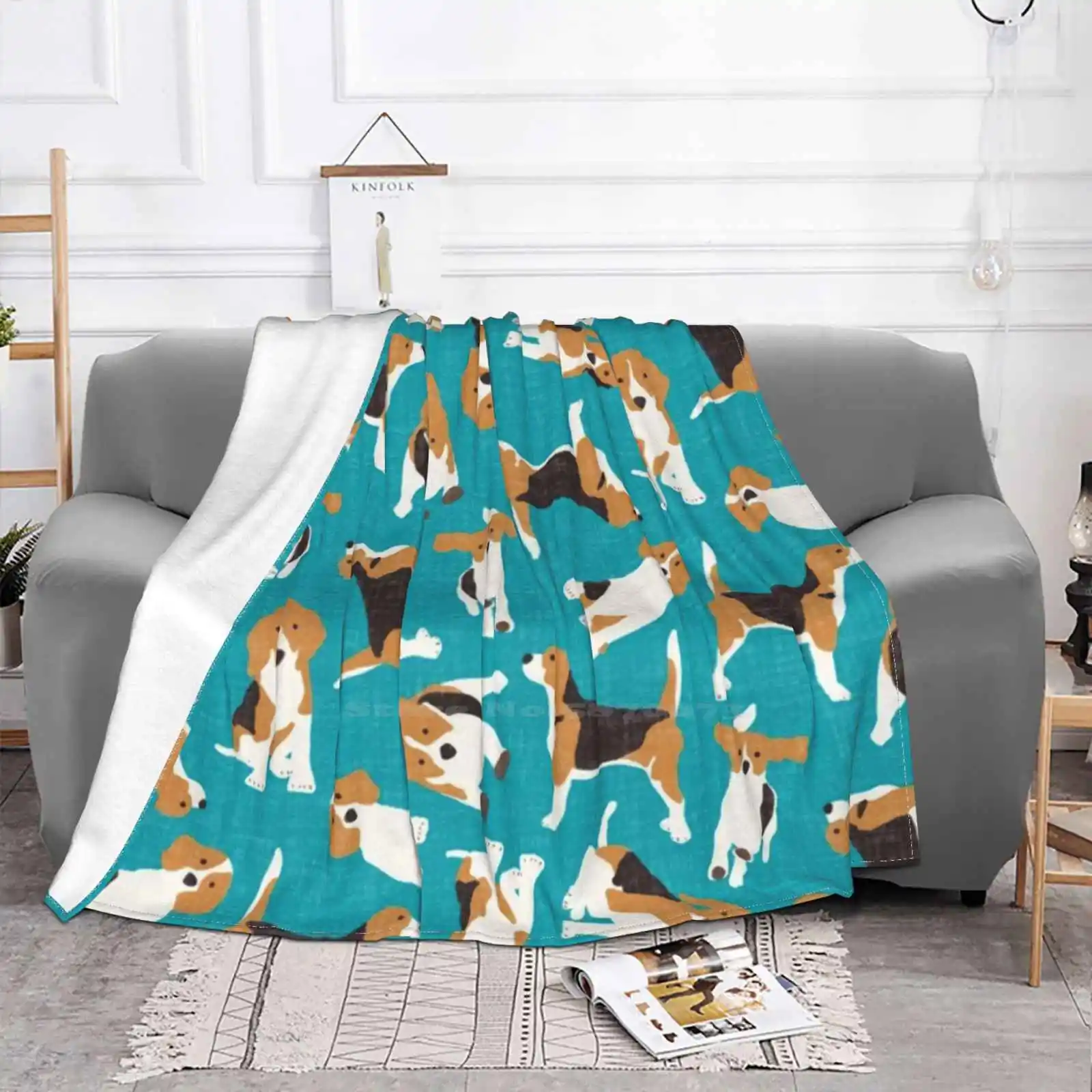 Beagle Scatter Blue Shaggy Throw Soft Warm Blanket Sofa/Bed/Travel Love Gifts Beagle Dog Pattern Texture Vintage Linen Fun Pet