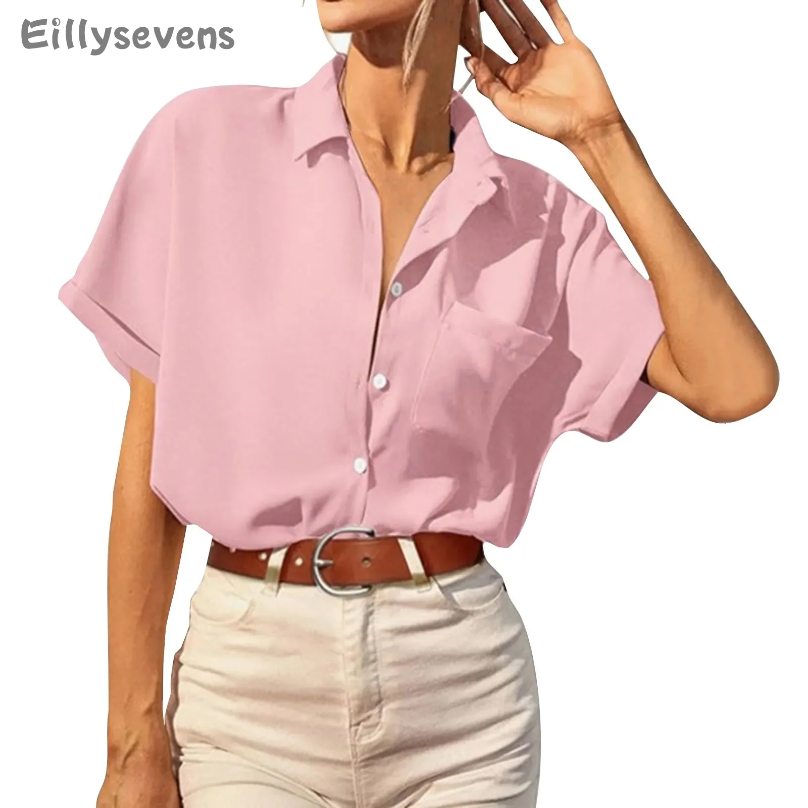 Women's casual shirt Short Sleeve Lapel Button Solid Color Shirts With Pockets Fashion blouse top Summer Versatile shirt tops