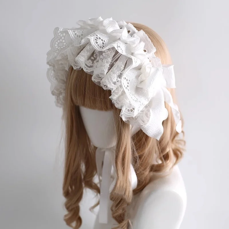 New Original Cute White Doll Sweet Lolita Hairband Japanese Lolita Lace Bow Headwear Maid Cosplay Headpiece